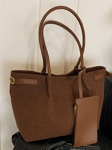 Large dark brown suede tote bag with long handles and a matching pouch for women