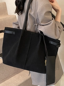 Minimalist black suede tote bag with small pouch for women's casual commute