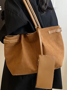 Brown suede tote bag with matching leather wallet pouch for women's daily commute