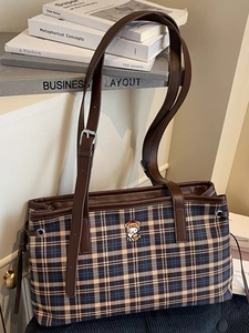 Vintage Plaid Large Capacity Tote Bag And Backpack For Women Retro Canvas Synthetic Leather Shoulder Bag School Bookbag