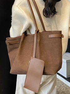Brown suede tote bag for women with matching detachable pouch and slim shoulder straps