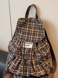 Retro plaid backpack for women with large capacity and double front zip pockets