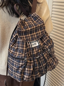 Retro plaid large capacity backpack for women featuring brown checkered canvas material