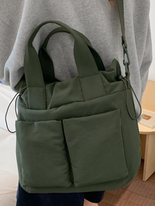2025 Army green large capacity nylon tote bag with adjustable shoulder strap and dual pockets
