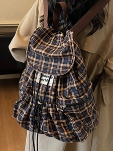 Classic checkered backpack for women with brown and blue patterns and drawstring closure