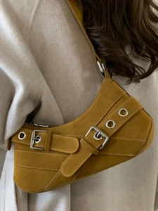 Vintage ginger suede underarm bag with punk buckled straps and silver metal hardware
