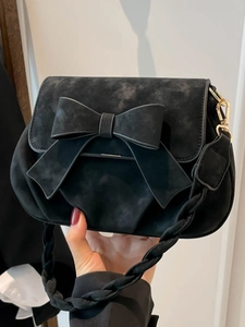 Sac à Bandoulière Carré Minimaliste Rétro pour Femme Grand Nœud Décoratif Sangle Tressée Suédine Synthétique Sac à Main Mode