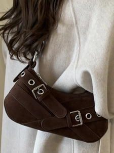 Retro dark brown suede underarm bag with silver metal buckles and crescent shape