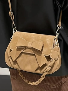 Sac à bandoulière carré rétro kaki avec grand nœud et poignée tissée chic