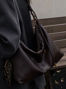 Large Korean style dark brown tote bag with leopard heart charm and gold chain detail