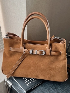 Vintage Suede Patchwork Baguette Bag For Women Large Capacity Retro Belt Buckle Shoulder Bag Chic Minimalist Solid Color Handbag