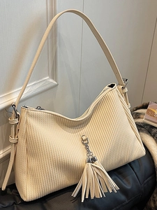Beige Cord-Schultertasche mit Fransen-Quaste und Metallreißverschluss für Damen