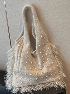 Handmade Knit Artificial Pearl Tote Bag For Women Large Capacity Tassel Fringe Shoulder Bag Bohemian Beach Vacation Chic Handbag