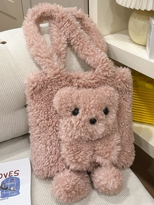 Women Plush Teddy Bear Tote Bag Soft Sherpa Fleece 3D Bear Shoulder Bag Large Capacity Winter Autumn Fashion Handbag