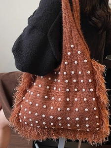 Caramel brown knitted tote bag with white pearl beads and tassel fringe for women