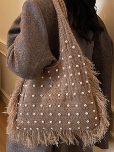 Brown knit tote bag with pearls and feather fringe, chic bohemian large shoulder bag