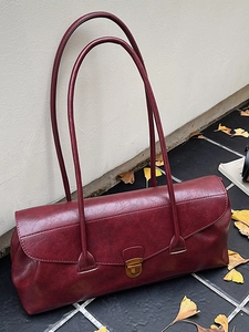 Vintage burgundy rectangle baguette bag with elegant metal buckle and long thin strap