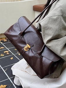 Retro chocolate brown faux leather shoulder bag with gold metal buckle for autumn style