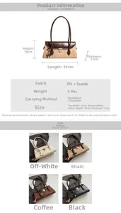 Size guide for vintage contrast Boston bag showing dimensions and PU suede fabric details