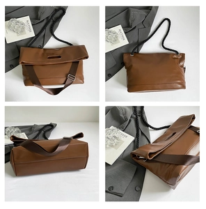 Detailed views of a brown PU leather tote bag from front back side and bottom angles