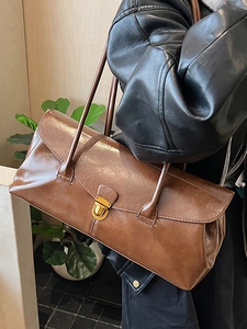 Retro brown leather rectangle handbag with gold clasp for women stylish large tote