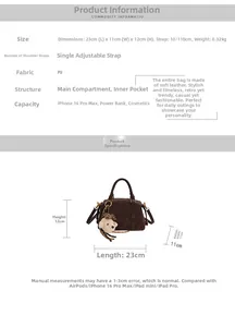 Detailed size chart for retro PU leather handbag showing 23x11x12cm dimensions