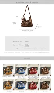 Detailed dimension guide for vintage plaid canvas tote bag with adjustable shoulder strap