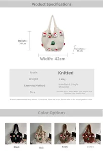 Detailed size specifications and material chart for Christmas themed knitted tote bag