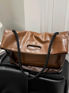 Women Vintage Large Capacity PU Leather Tote Bag With Woven Rope Strap Urban Minimalist Shoulder Bag Casual Commuter Underarm Bag