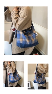 Detail of blue and beige checkered denim tote with Cream de la cream text and plush bear charm