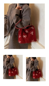 Gros plan du sac cabas en laine rouge avec broderie et mannequin portant le sac