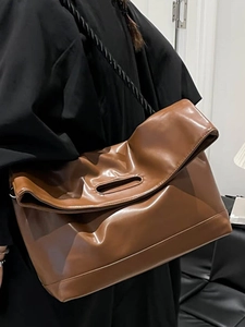 Vintage brown large capacity shoulder bag with glossy PU leather and woven strap