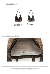 Detail of leopard print tote bag interior featuring a secure zipper pocket and logo lining