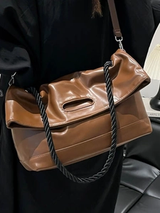 Vintage large capacity brown tote bag with woven handles and adjustable strap for women