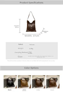 Detailed view of vintage embroidered faux suede tote bag showing dimensions and color options