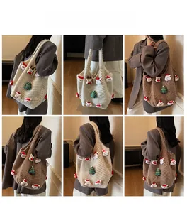 Detail of Christmas knit tote bag with 3D Santa and reindeer plush applique decorations