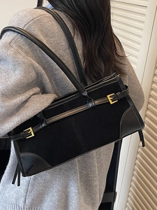Retro black large baguette bag with gold buckles and spliced leather for women