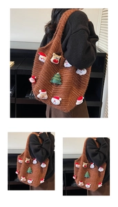 Close-up of brown knit tote bag featuring plush Santa, reindeer, and Christmas tree patches