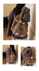 Detail of Christmas knit tote bag with Santa and reindeer patches on brown crochet texture