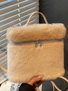 Damen Mode Plüsch Rucksack Weicher Kunstpelz Kleine Umhängetasche Herbst Winter Trend Einfarbig Mini Schultasche Für Den Alltag