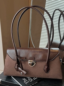 Retro Patchwork Suede PU Leather Shoulder Bag For Women Underarm Boston Bag With Metal Buckle Casual Fashion Handbag
