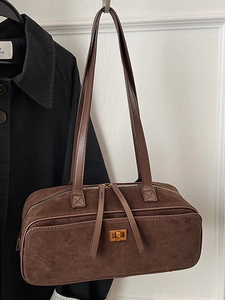 Women Vintage Faux Suede Baguette Bag Retro Underarm Shoulder Bag With Metal Lock Commuter Handbag Large Capacity Square Bag