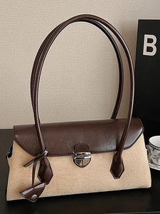 Retro contrast color Boston bag for women with leather trim and silver metal buckle