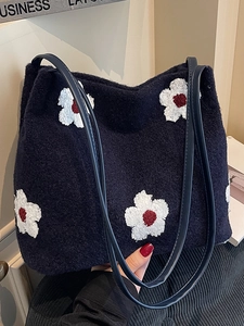 Sac à Épaule Femmes Grande Capacité Style Coréen Tissu Peluche Broderie Florale Nœud Vintage Navettage Sac Cabas Automne Hiver