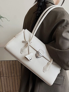 Retro cream white leather Boston handbag with silver buckle and tie knot for women