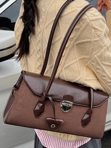 Retro vintage brown patchwork Boston shoulder bag with silver metallic shield buckle