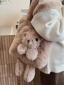 Süße hellbraune Plüschtasche mit 3D-Hasenohren, modische flauschige Herbst-Schultertasche