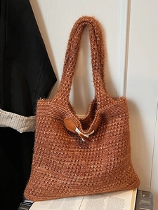 Women Large Knitted Hollow Out Tote Bag Crochet Shoulder Bag With Toggle Button Retro Casual Handbag Vacation Beach Bag