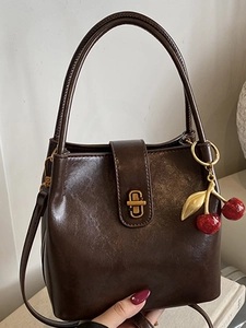 Retro Women PU Leather Bucket Bag With Cherry Pendant Urban Simple Shoulder Crossbody Bag Fashion Handbag For Daily Matching