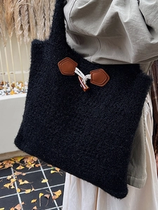 French style black plush tote bag with horn buckle and leather base for autumn winter